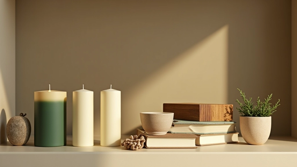Styled shelf with books, candles, and decorative items