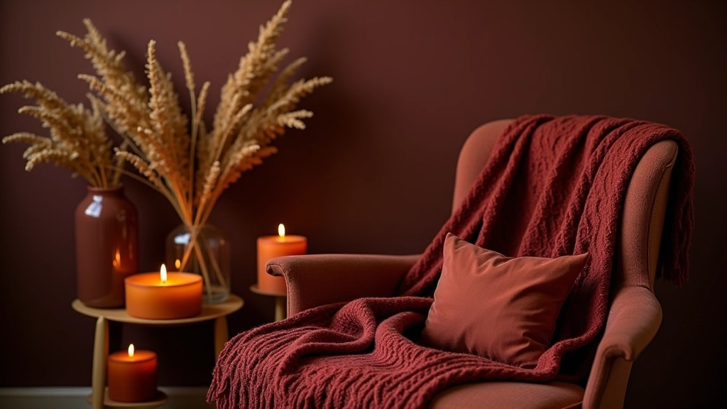 Close-up of autumn-to-winter styling with warm textures, knitted throws and deep burgundy accents