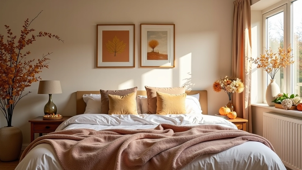 A beautifully styled bedroom showcasing seasonal autumn décor with layered textures and warm lighting