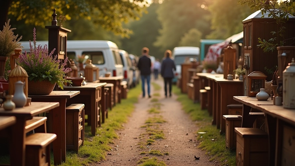 Car boot sale with tables of vintage home decor and furniture