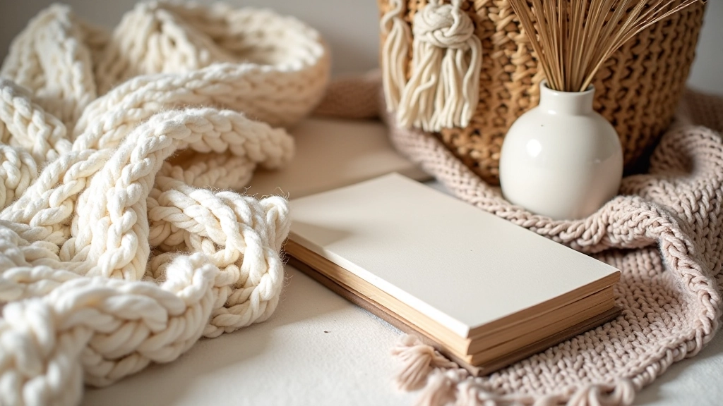Detailed shot of layered textures: wool blanket, knit throw, faux fur cushion, woven basket creating rich textural composition