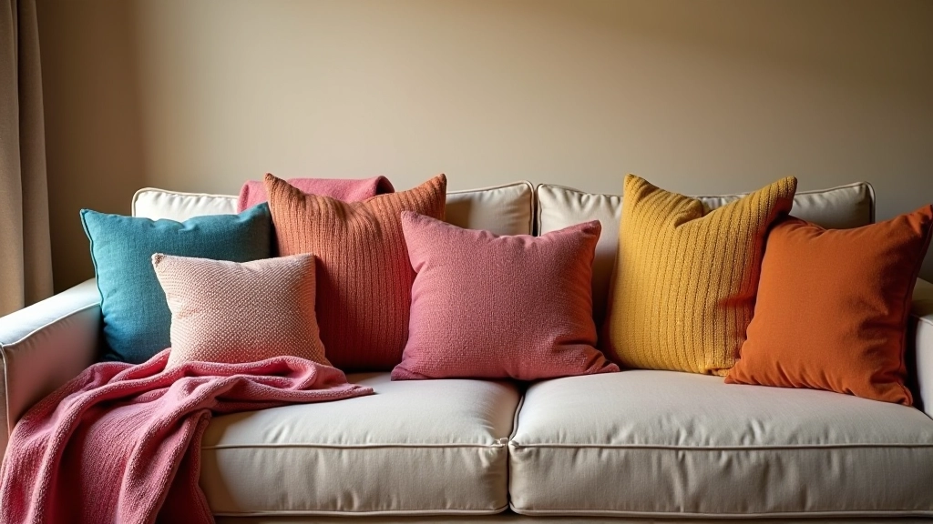 Colorful DIY throw blankets and cushion covers arranged on a cozy living room sofa with warm lighting and neutral wall background