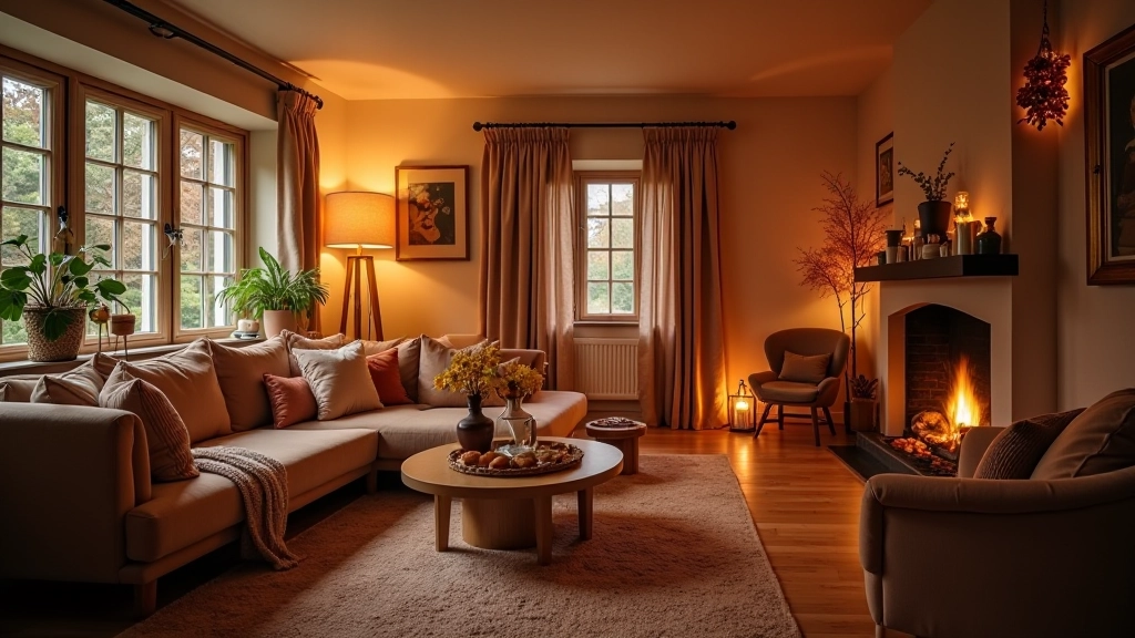 Cosy autumn home with warm lighting, warm-toned textiles and layered décor