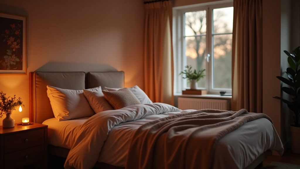 Bedroom styled with warm lighting, layered bedding, soft furnishings, and cosy decor creating a peaceful sleep environment