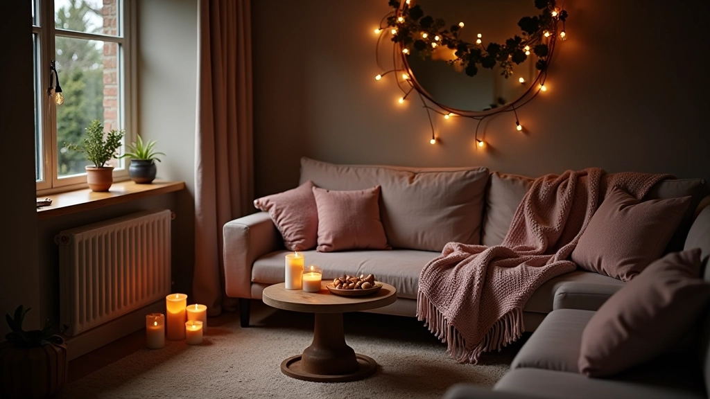 Cosy British home interior with layered throws, candles and warm lighting creating hygge atmosphere