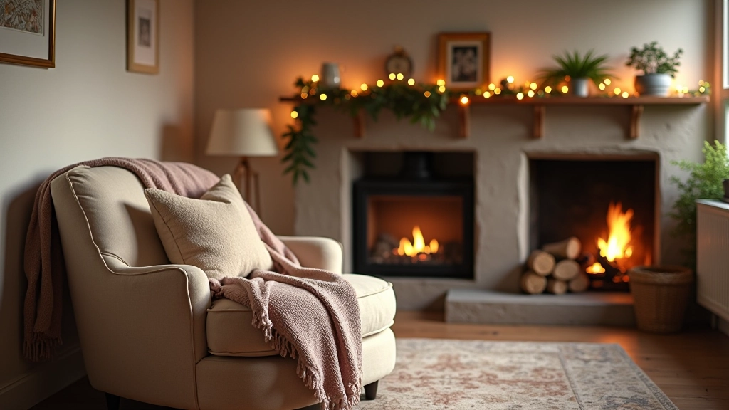 Warm living room with soft lamplight, a comfortable armchair, and layered textiles creating an inviting atmosphere