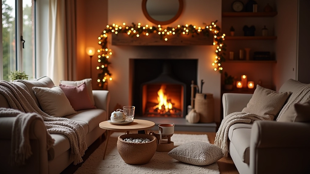 Living room with layered winter textures: wool throws, chunky knit cushions, and warm lighting creating cosy ambiance