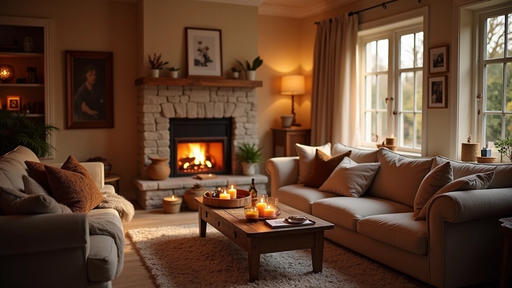 Cosy living room with warm lighting, comfortable seating, and soft textures creating a hygge atmosphere