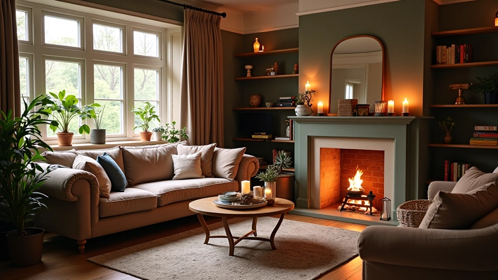 Cozy British living room with warm lighting, layered textiles, comfortable furniture, and natural elements creating hygge atmosphere