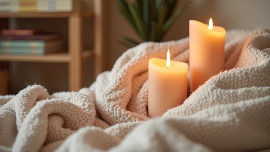 Detailed view of cozy home styling elements including soft textures and warm lighting