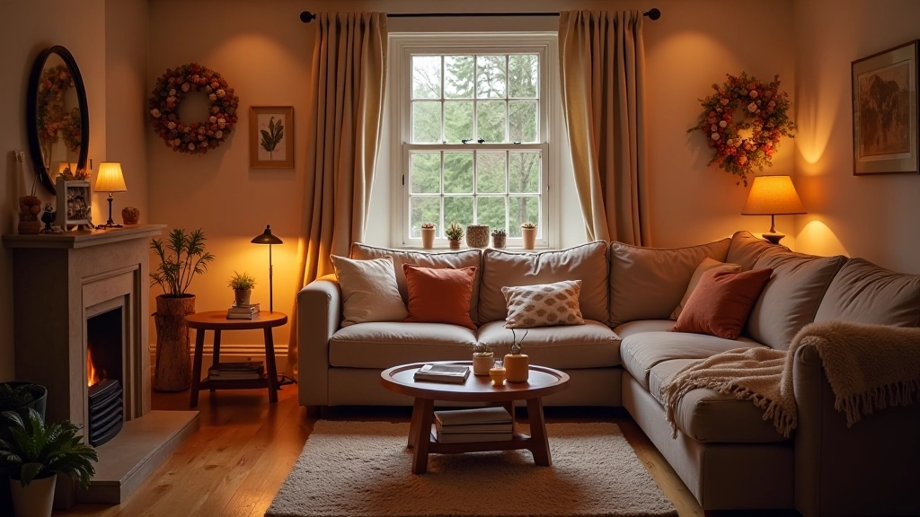 Cozy living room with warm lighting, blankets, and hygge-inspired décor