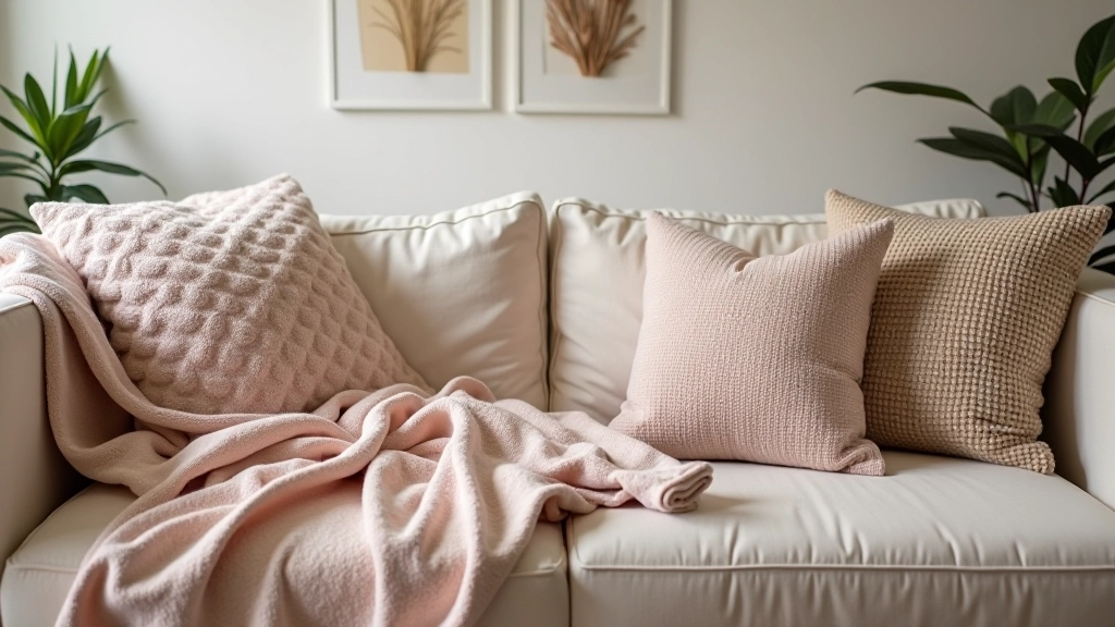 DIY project: handmade throw blanket and decorative cushion covers on sofa