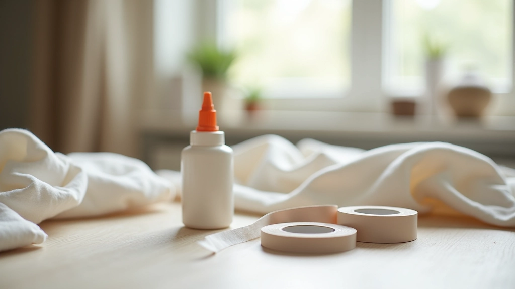 Fabric glue bottle and hemming tape arranged on a work surface with a folded fabric edge demonstrating the application process in natural light