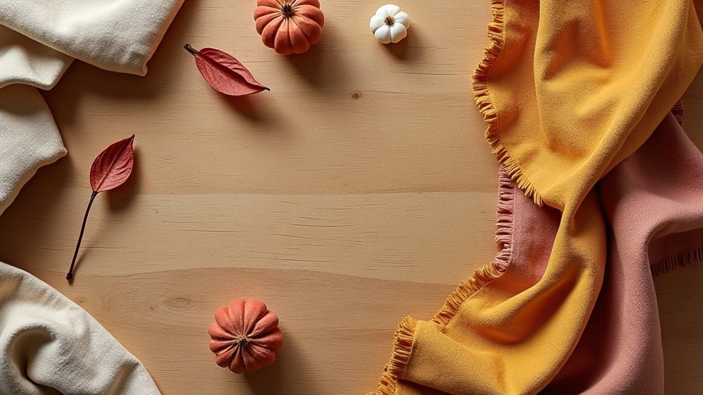 Variety of cushion fabrics displayed flat on wooden surface including linen, cotton, and velvet textures in earth tones and warm colours