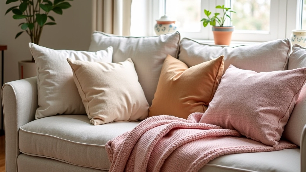 Handmade fabric throws and cushion covers in various textures and colors arranged on comfortable seating