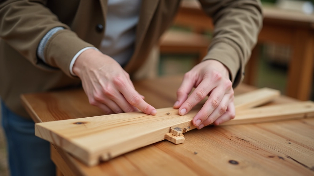 Hands examining a vintage wooden chair for damage and quality assessment at a car boot sale
