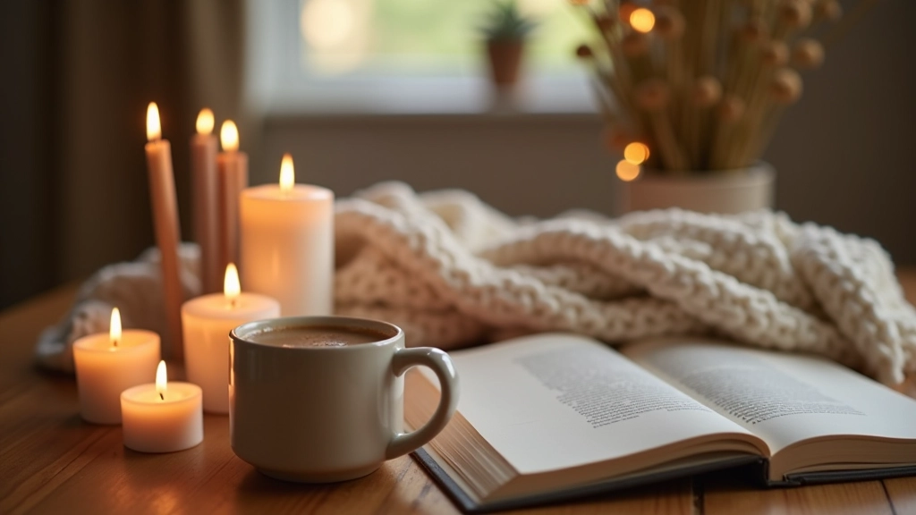 Collection of hygge essentials including candles, soft blankets, warm beverages, and books arranged on a wooden table
