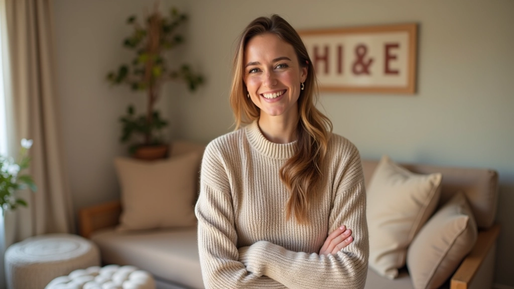 Cozy home styling expert in comfortable living space with warm lighting and textured furnishings