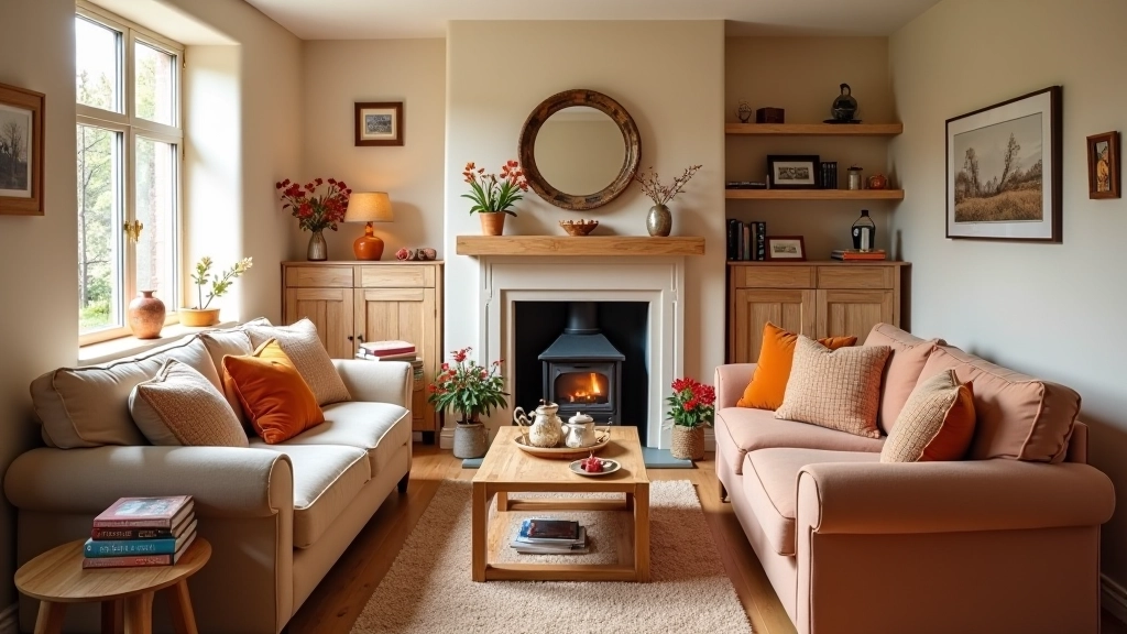 Living room transitioning from autumn to winter decor with seasonal textiles and warm colour palette