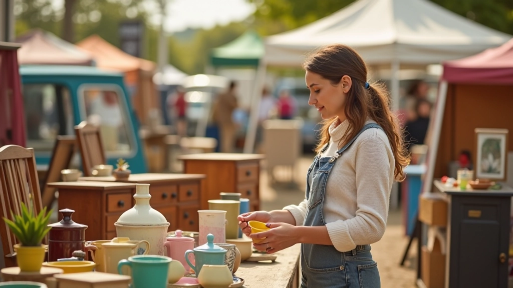 Person browsing vintage furniture at a car boot sale, colorful items on tables, sunny outdoor setting