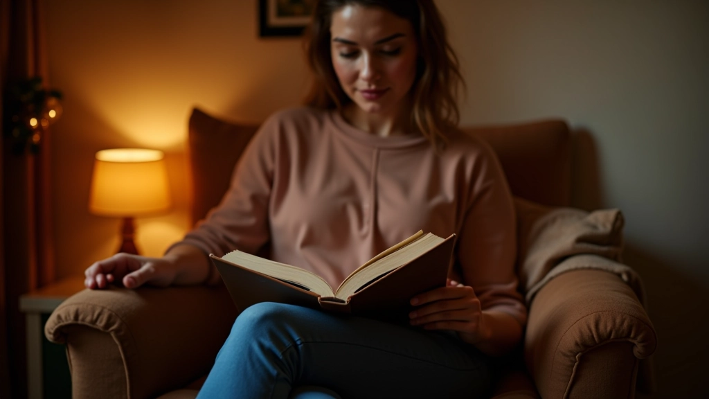 Person relaxing in a comfortable reading nook with soft lighting, cushions, and a warm beverage nearby