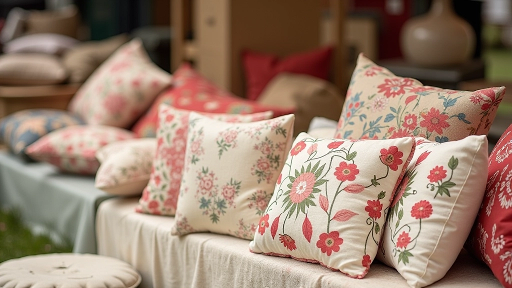 Selection of vintage cushions and textiles displayed at a UK car boot sale