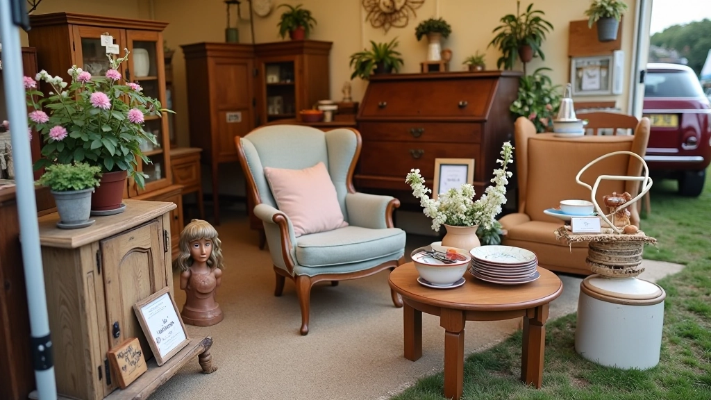 Vintage furniture and home décor items displayed at UK car boot sale with price tags