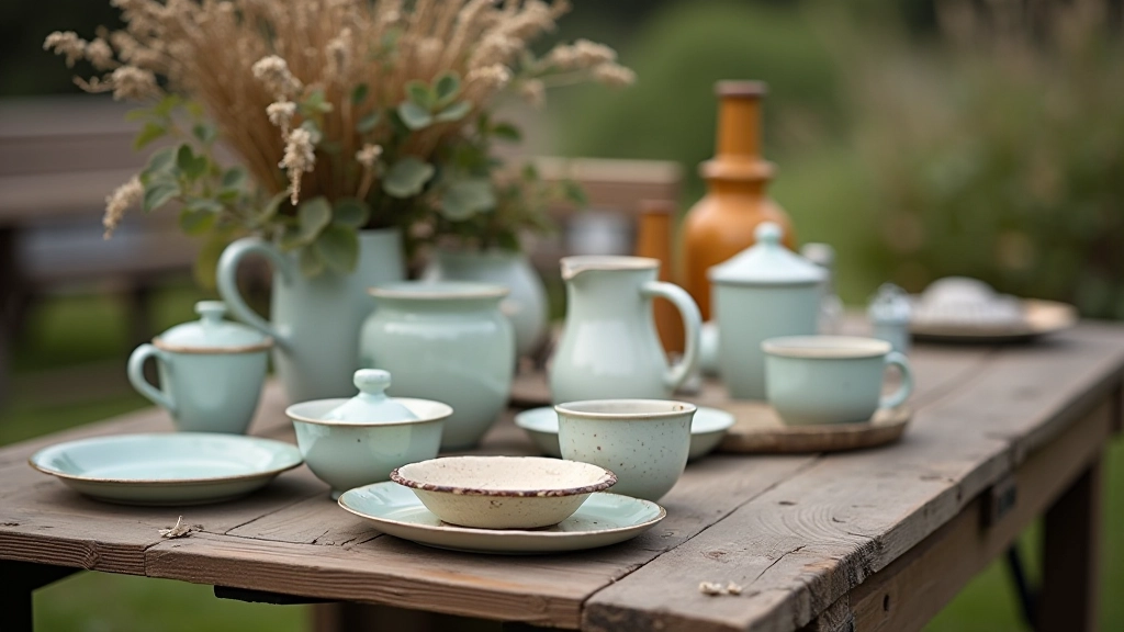 Close-up of vintage glass vases and ceramic pieces displayed on a wooden table at an outdoor sale