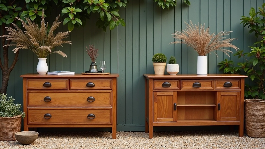 Comparison display showing authentic vintage furniture next to modern reproduction pieces