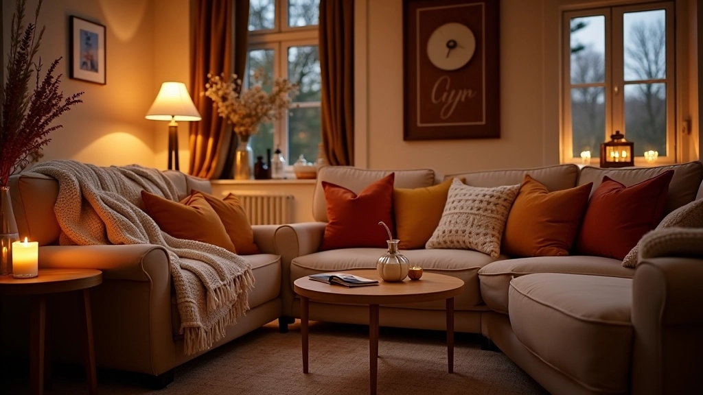 Cosy living room with warm lighting and layered textures