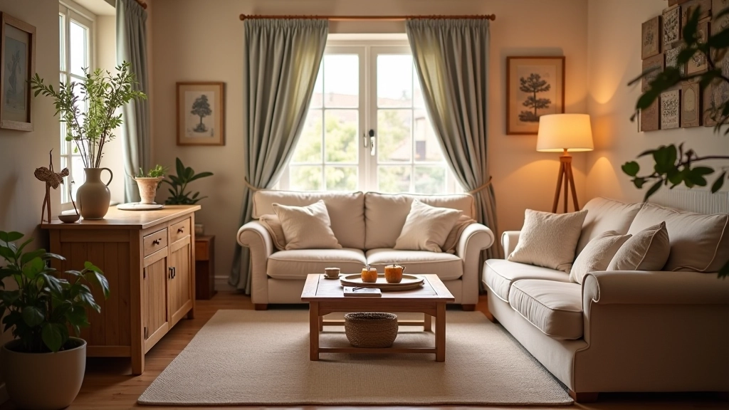 A warm and inviting cozy living room with soft textures and natural lighting